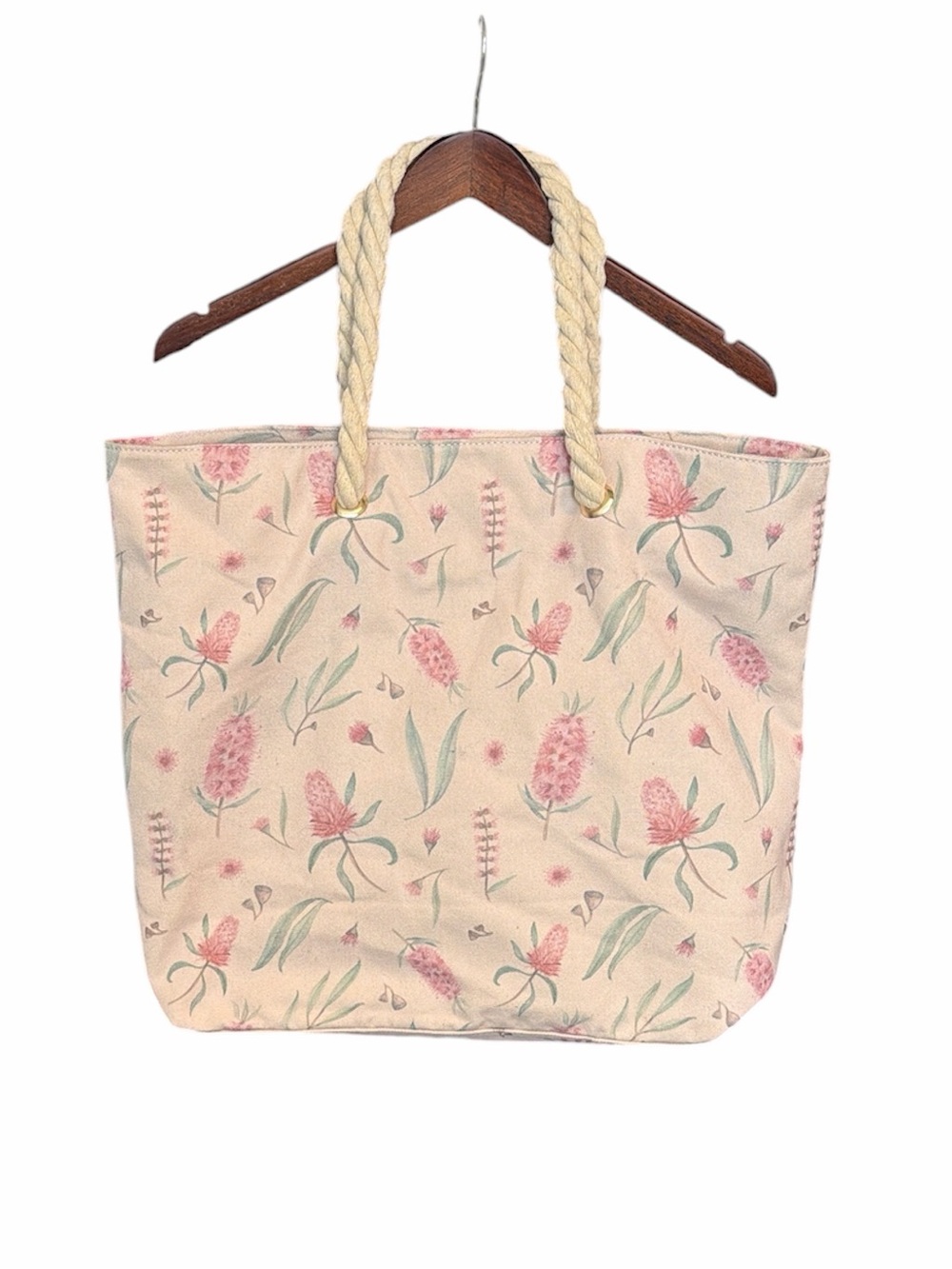 Cottagecore floral canvas tote bag cream pink boho beach book work rope handles